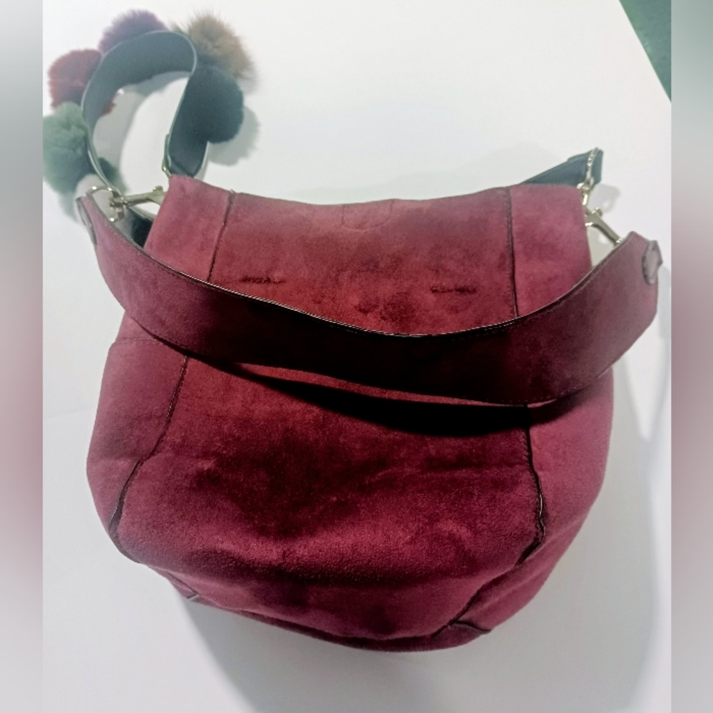 Purple Suede Shoulder Bag with Pom-Pom Strap - Picture 5 of 9